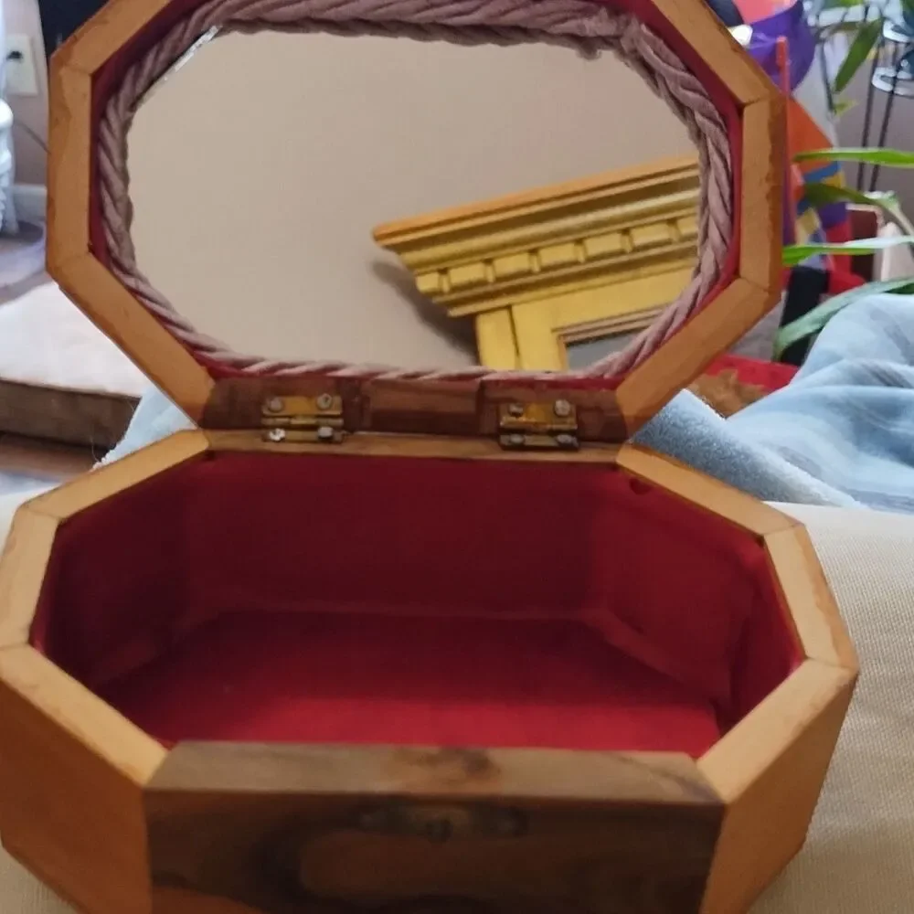 Wooden Octagonal Jerusalem Box with Camel Scene, Red Lined Interior, Mirror